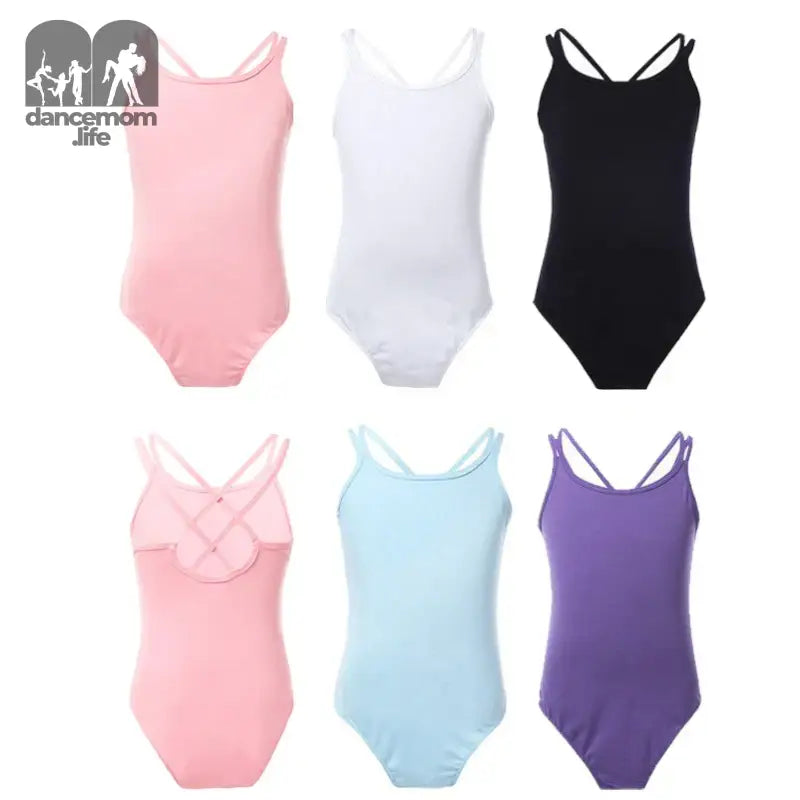 Ballet/dance leotards in different colors including pink, white, black, light blue, and purple.