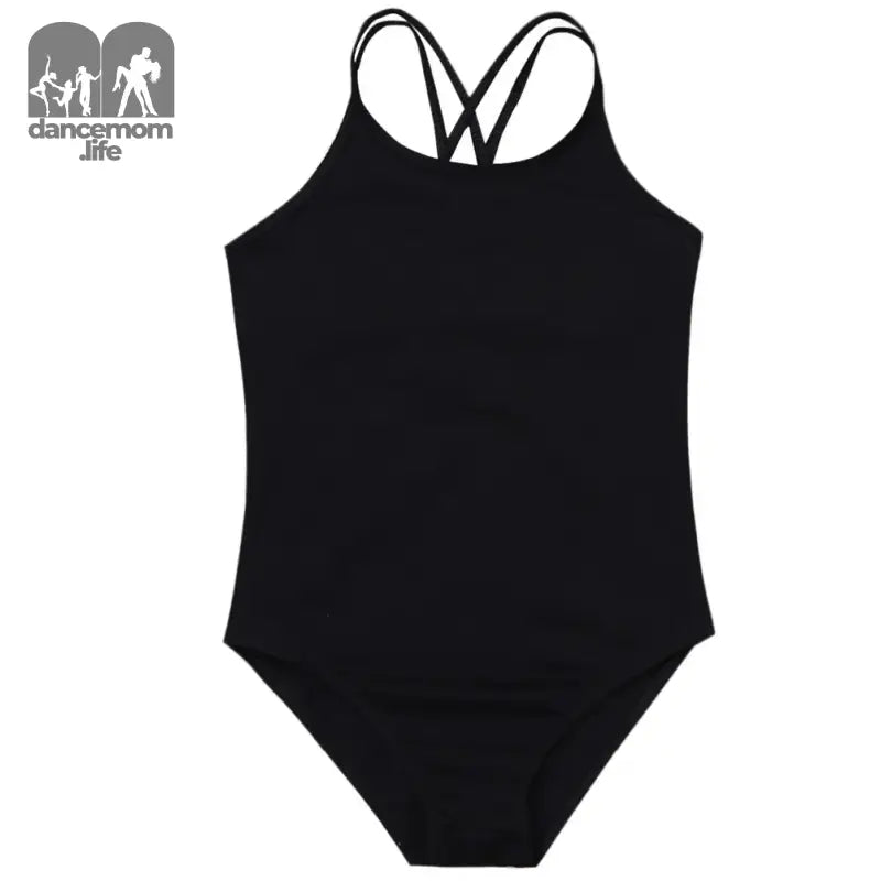 Black one-piece swimsuit with crossed back straps.