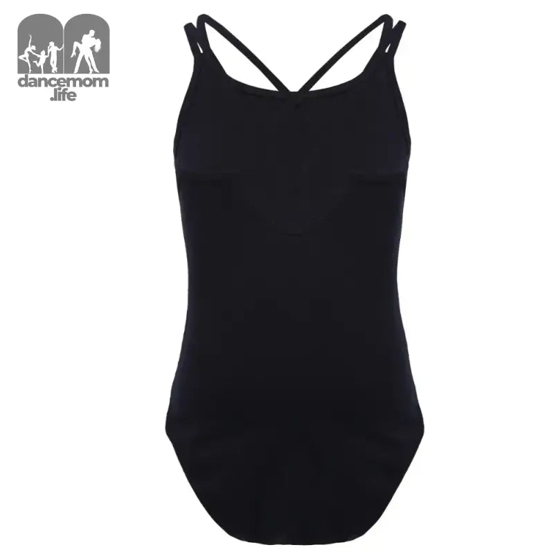 Black sleeveless leotard with crisscross straps.