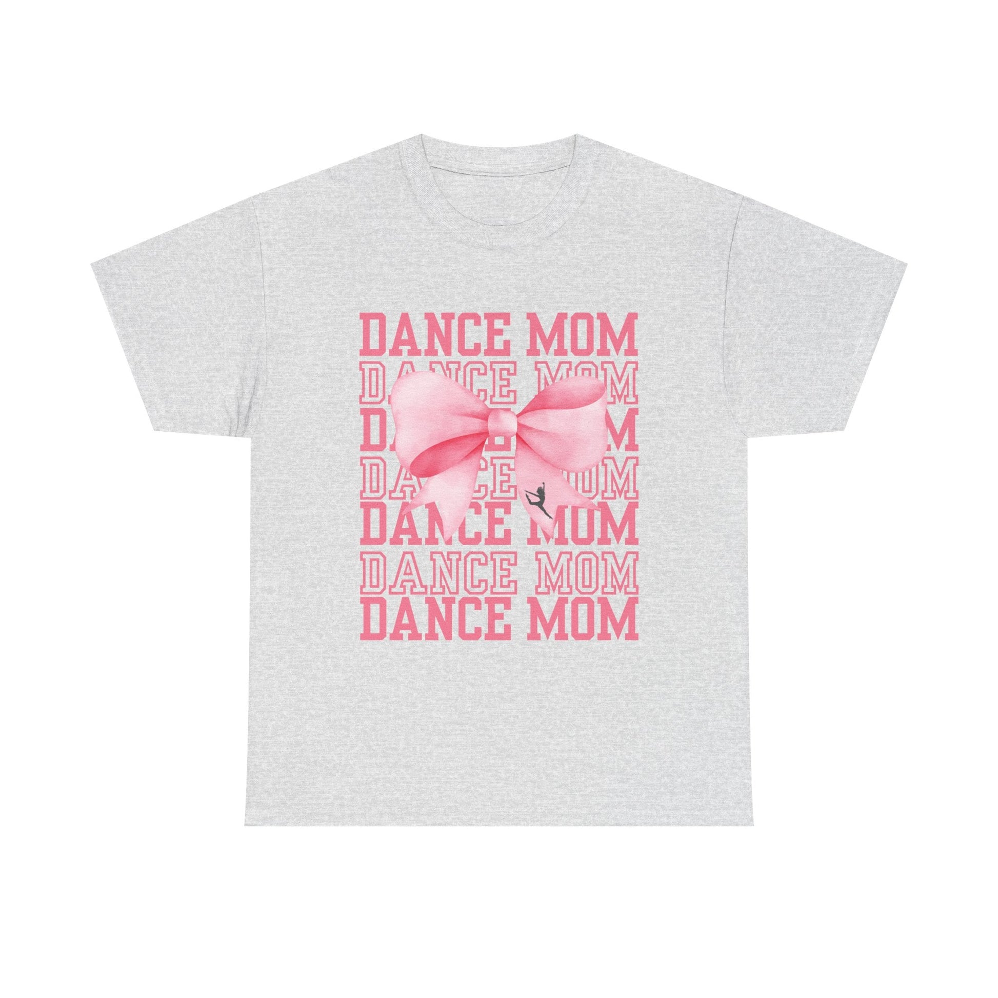 Heather gray short-sleeved t-shirt featuring a pink ’dance mom’ graphic with layered text and a large bow design.