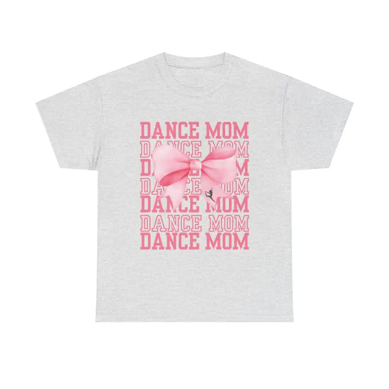 White t-shirt with pink ’DANCE MOM’ text and bow design.