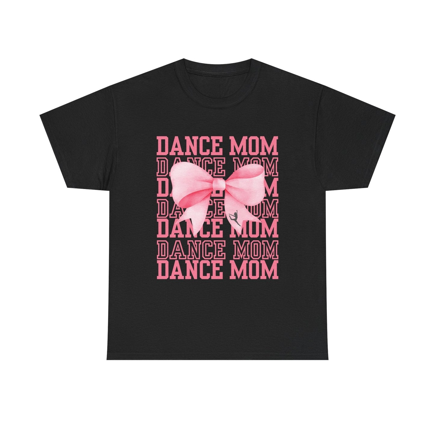 Black cotton t-shirt featuring a pink ’dance mom’ graphic with layered text and a large bow design.