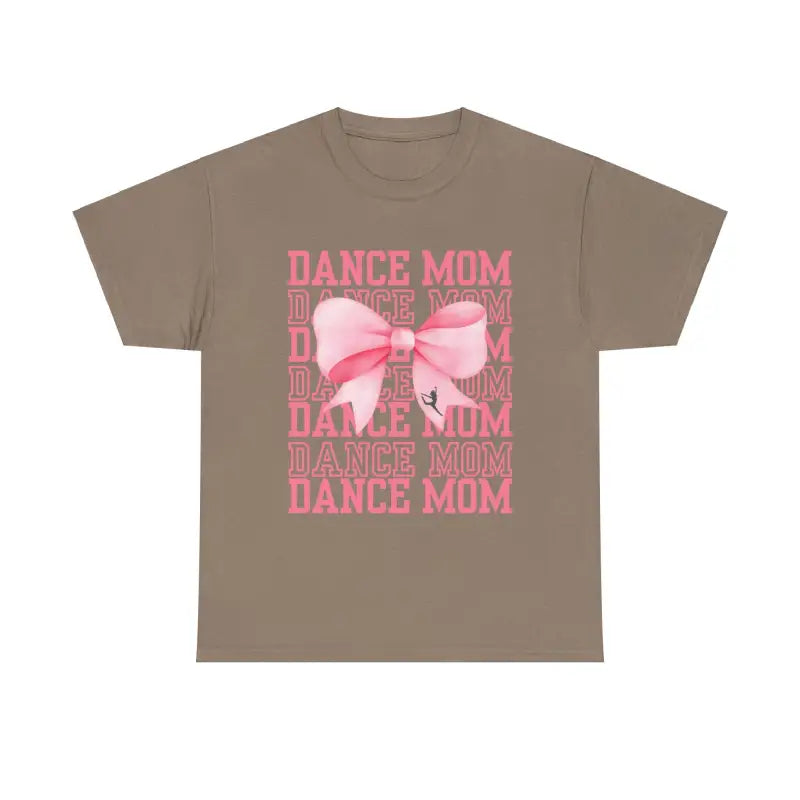 Brown t-shirt featuring ’DANCE MOM’ text repeated with a pink bow design.