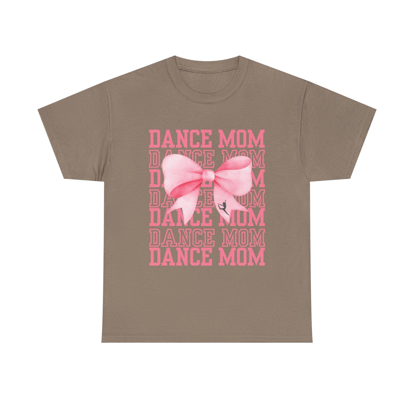 A taupe short-sleeved t-shirt featuring a pink ’dance mom’ graphic with layered text and a large bow design.