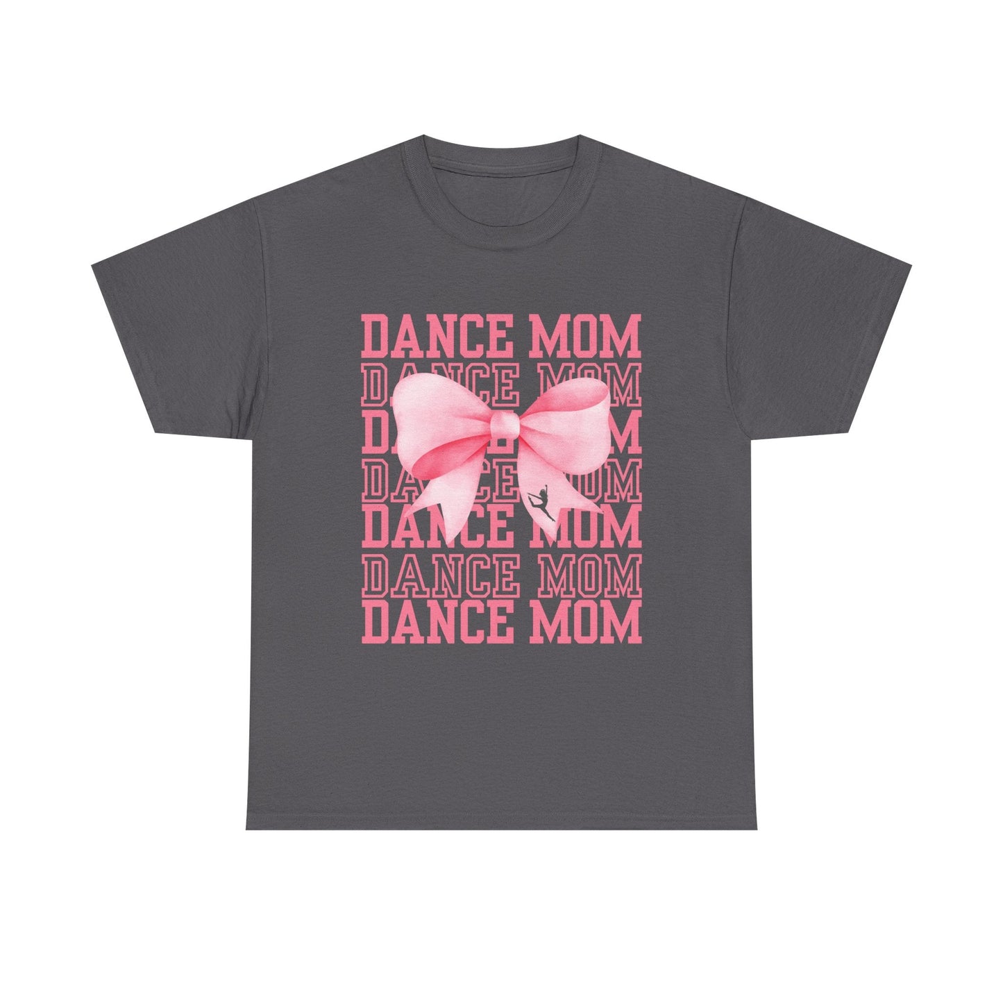 Dark gray cotton t-shirt featuring a pink ’dance mom’ graphic with layered text and a large bow design.