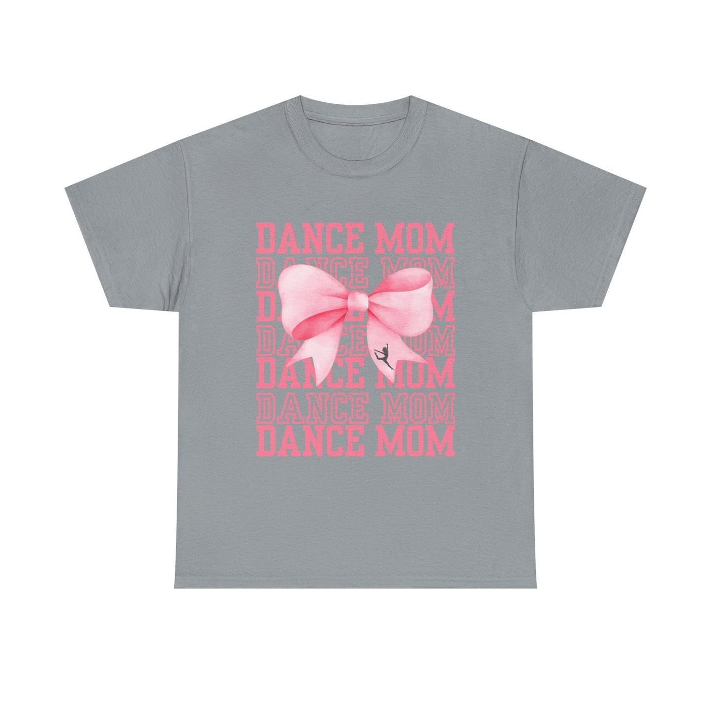 Gray short-sleeved t-shirt featuring a pink ’dance mom’ graphic with layered text and a large bow design.