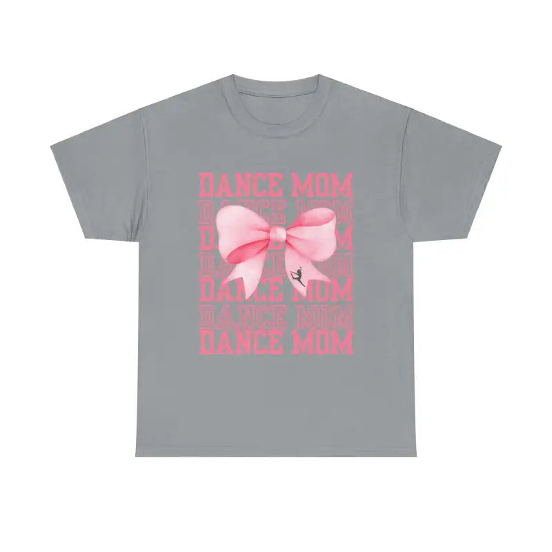 Grey t-shirt with pink ’DANCE MOM’ text and bow design.