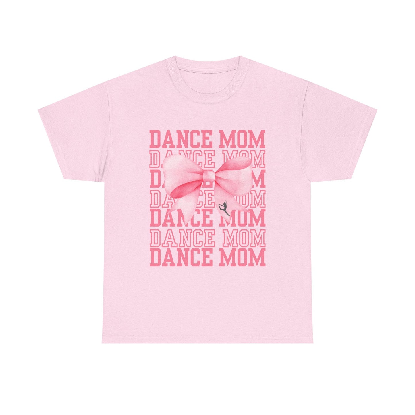 A soft pink cotton t-shirt featuring a layered ’dance mom’ text design with a large, matching pink bow graphic centered over the words.