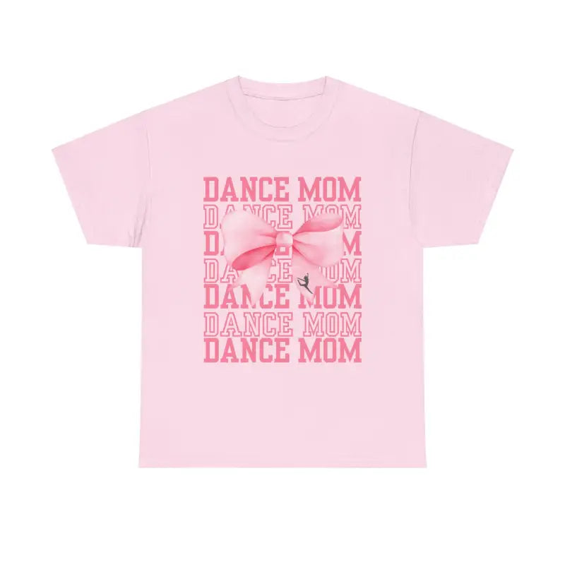 Pink t-shirt with ’DANCE MOM’ text and bow design printed in darker pink.