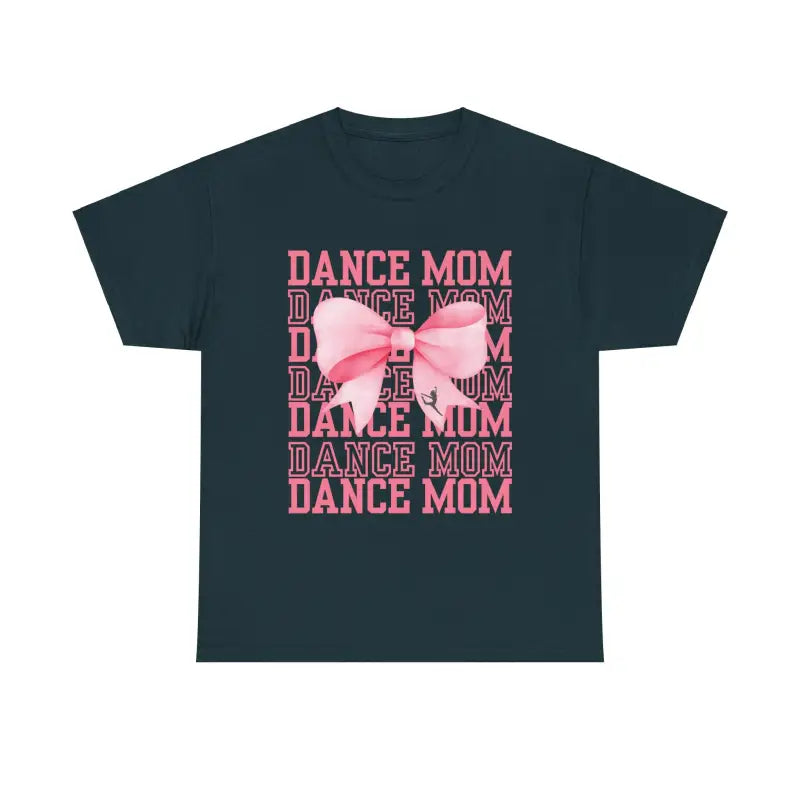 Dark t-shirt with pink ’DANCE MOM’ text repeated and a pink bow graphic.
