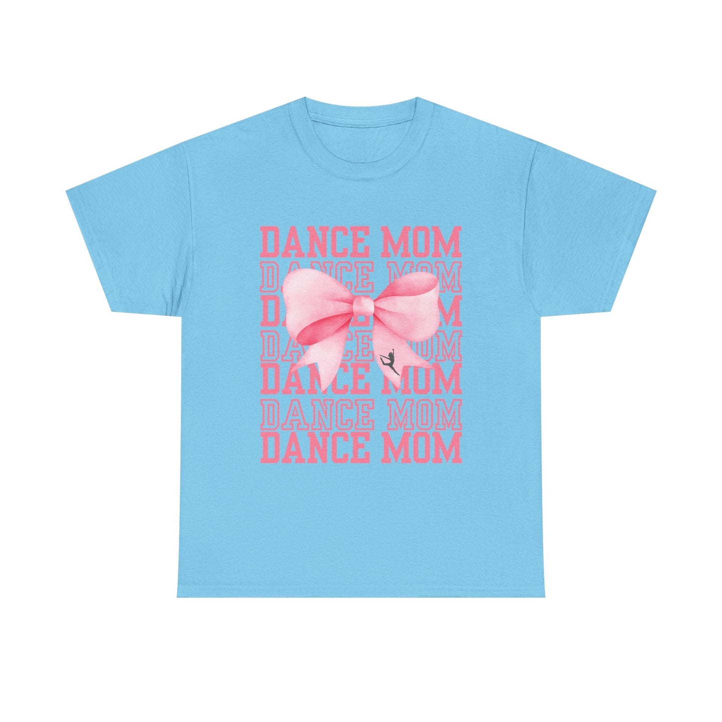 Light blue cotton t-shirt featuring a pink bow graphic with ’dance mom’ text repeated in faded pink behind it.