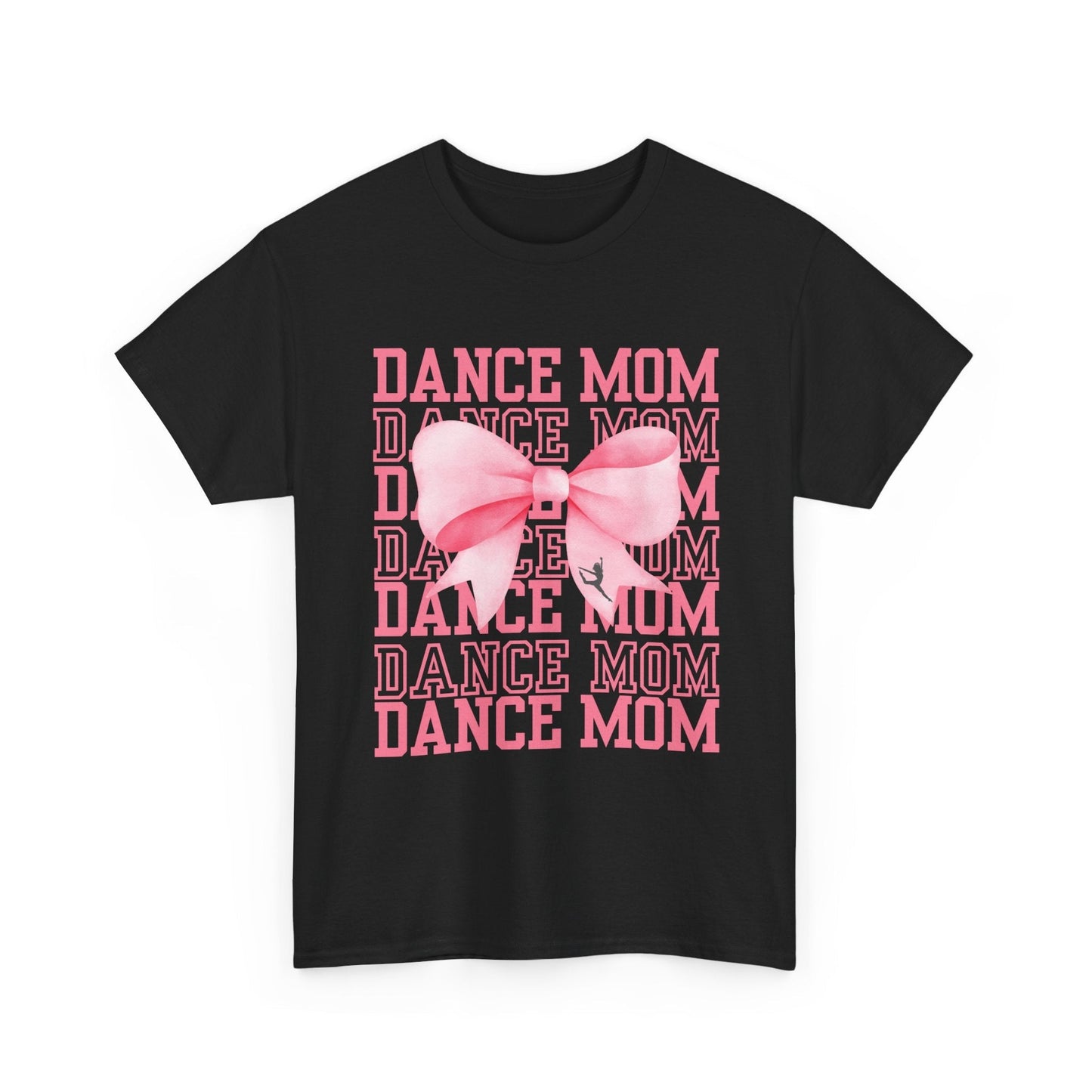Black cotton t-shirt featuring a pink ’dance mom’ graphic with stacked text and a large bow design.