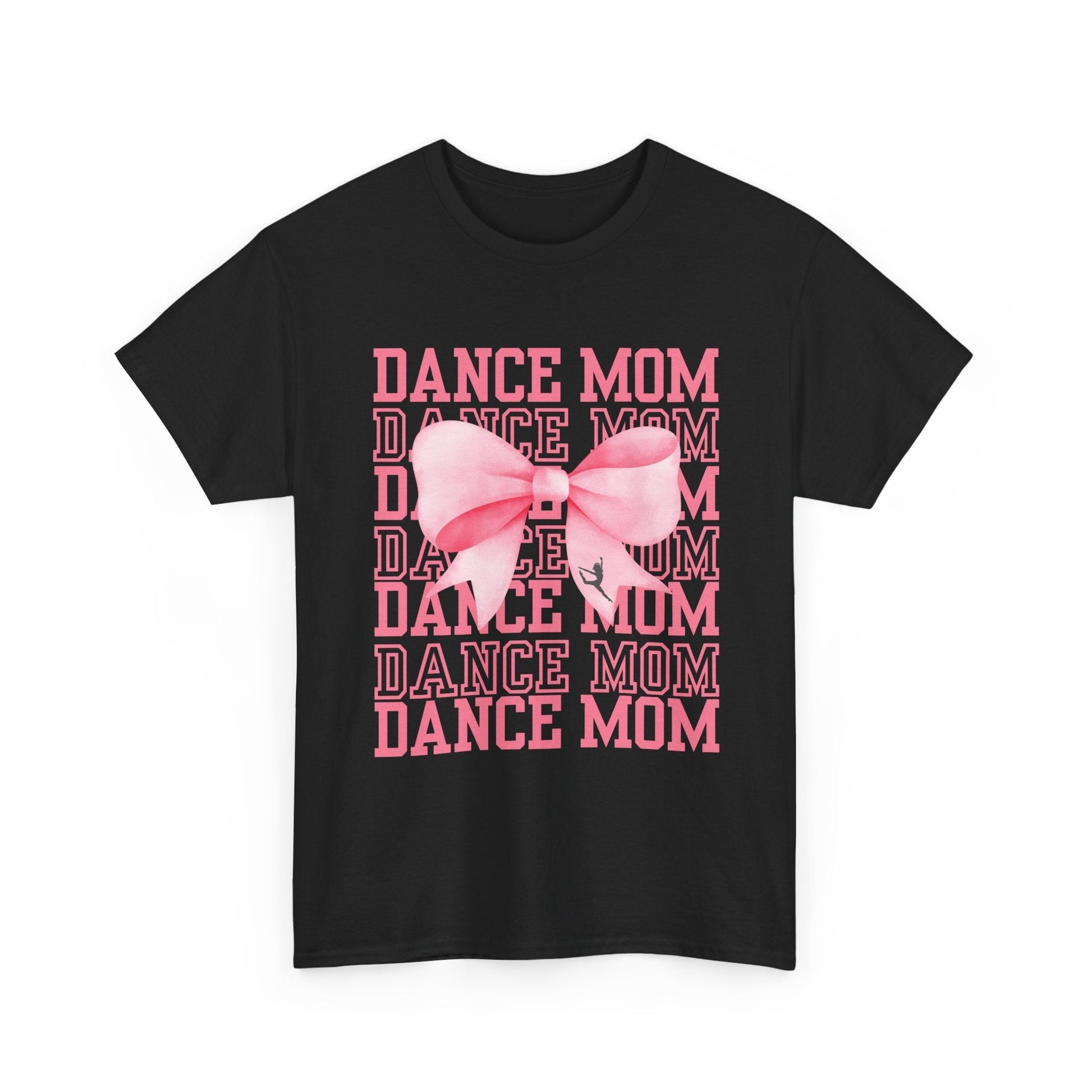 Black cotton t-shirt featuring a pink ’dance mom’ graphic with stacked text and a large bow design.