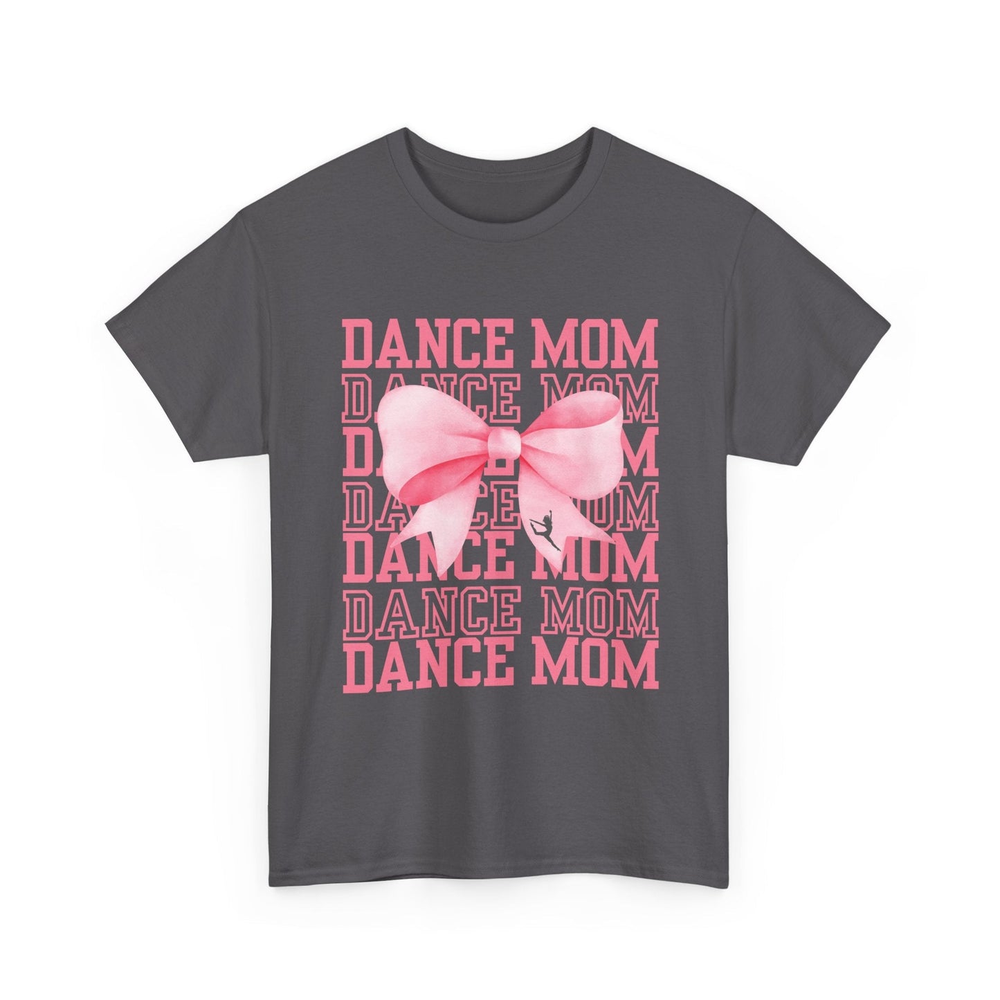 A dark gray cotton t-shirt featuring a pink ’dance mom’ graphic with stacked text and a large bow design.