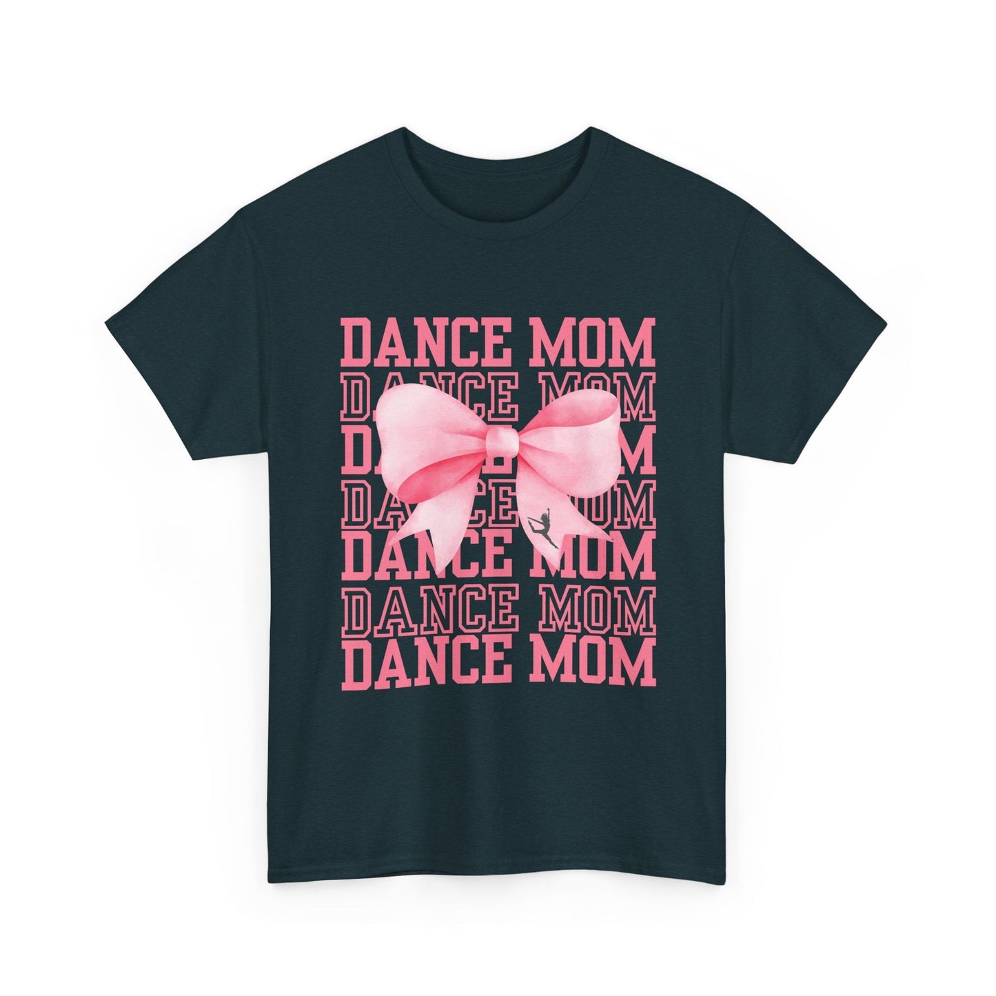 Dark navy blue cotton t-shirt featuring a pink ’dance mom’ graphic with layered text and a large bow design.