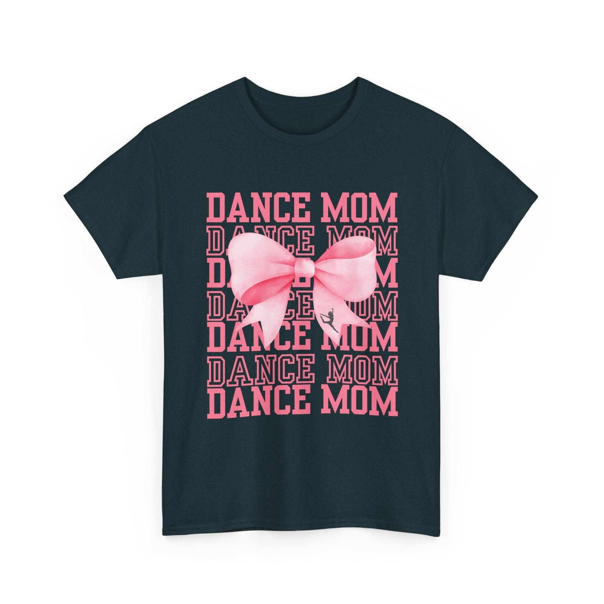 Dark navy blue cotton t-shirt featuring a pink ’dance mom’ graphic with layered text and a large bow design.