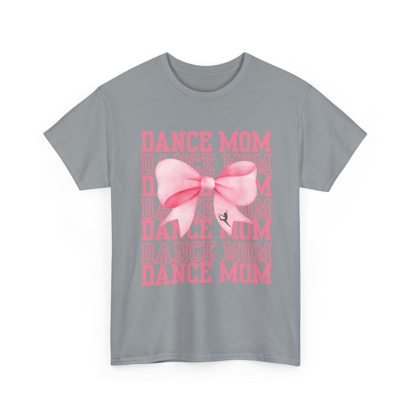 Gray cotton t-shirt featuring a pink ’dance mom’ graphic with layered text and a large bow design.