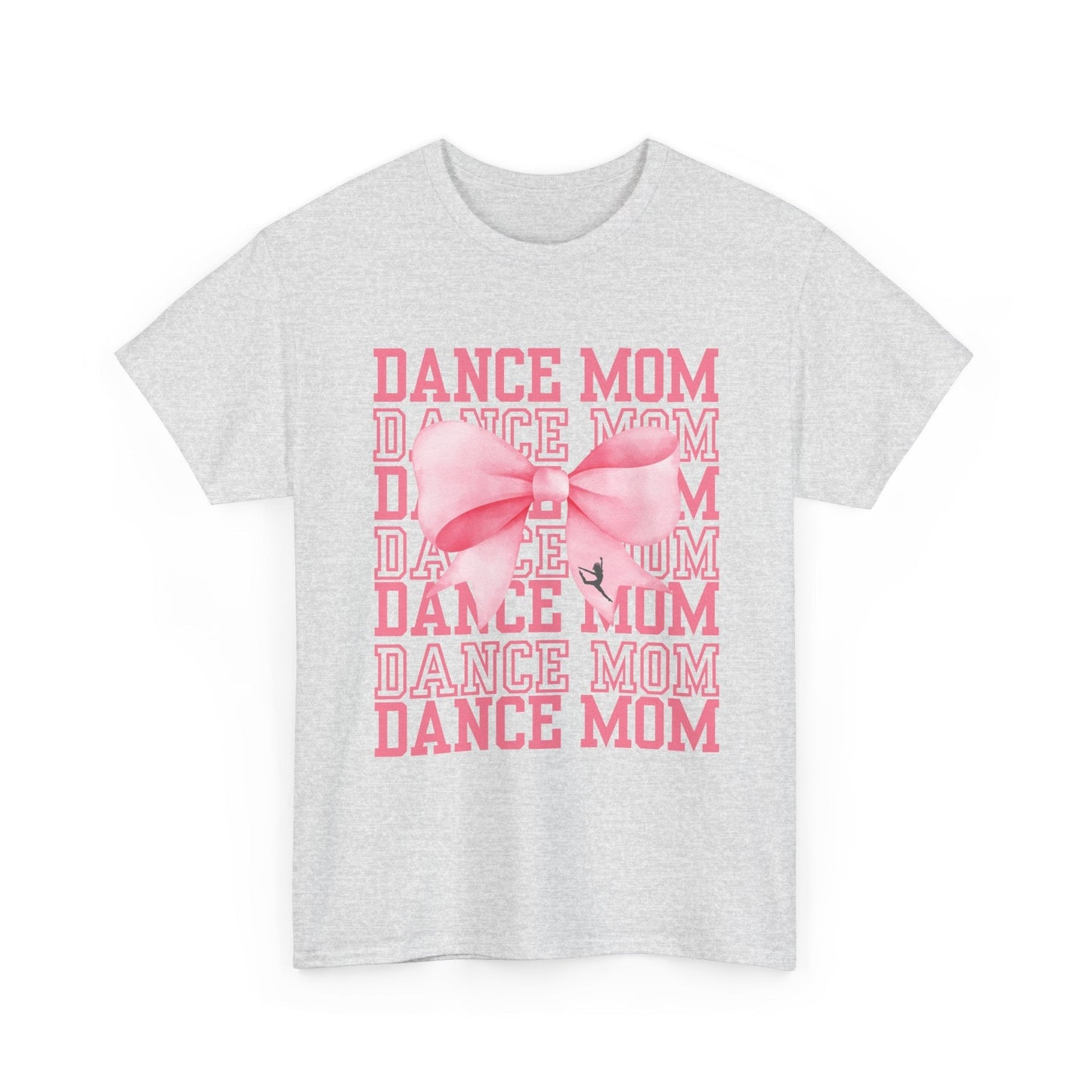 Heather gray cotton t-shirt featuring a pink ’dance mom’ graphic with layered text and a large bow design.