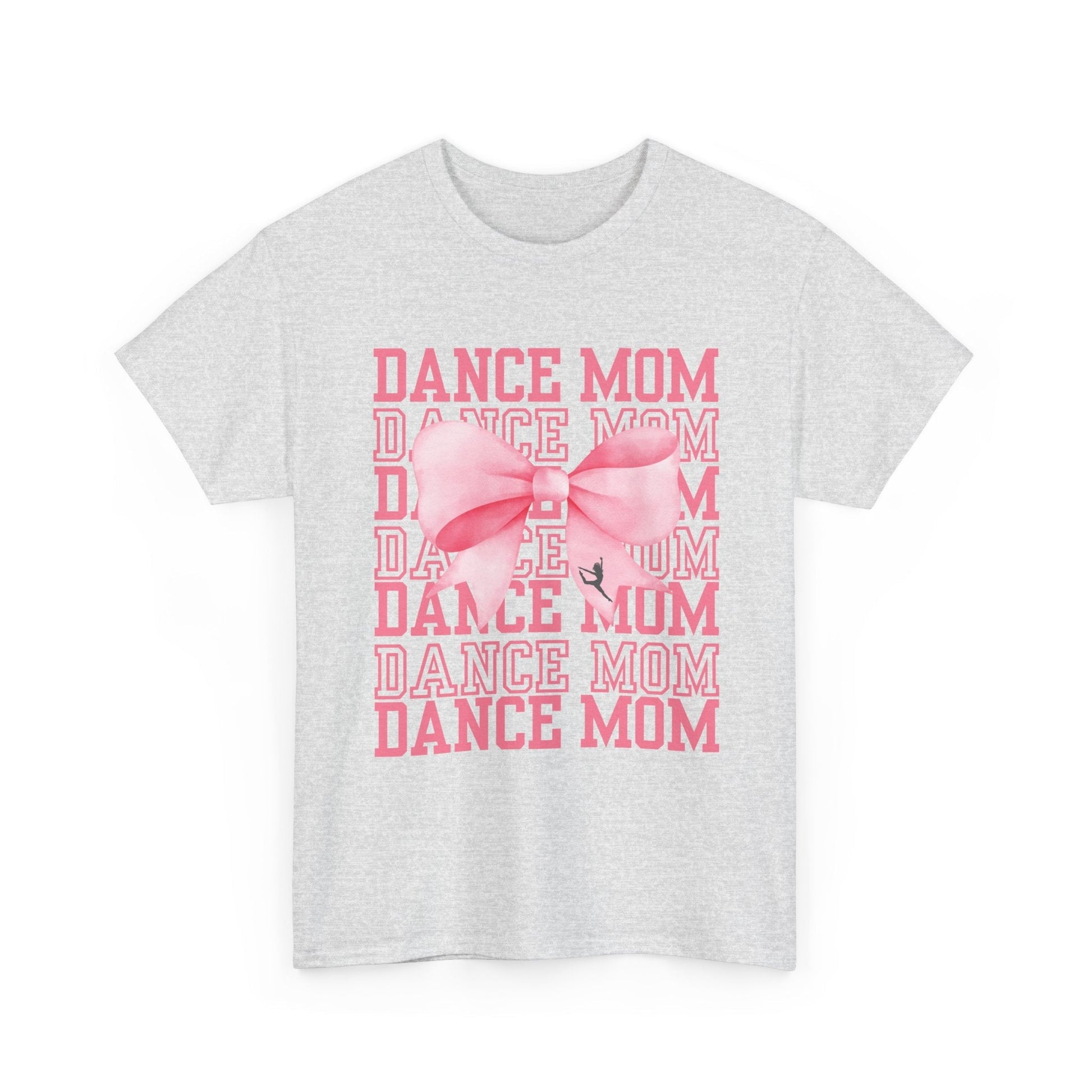 Heather gray cotton t-shirt featuring a pink ’dance mom’ graphic with layered text and a large bow design.