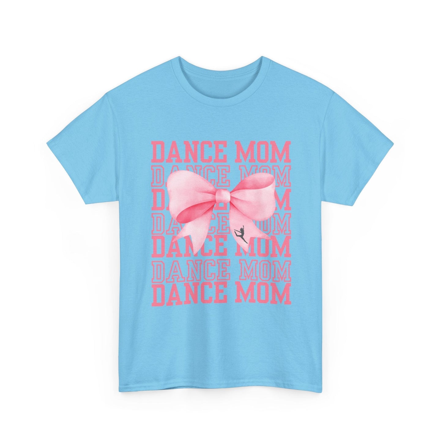 Light blue cotton t-shirt featuring a pink bow and stacked ’dance mom’ text design.