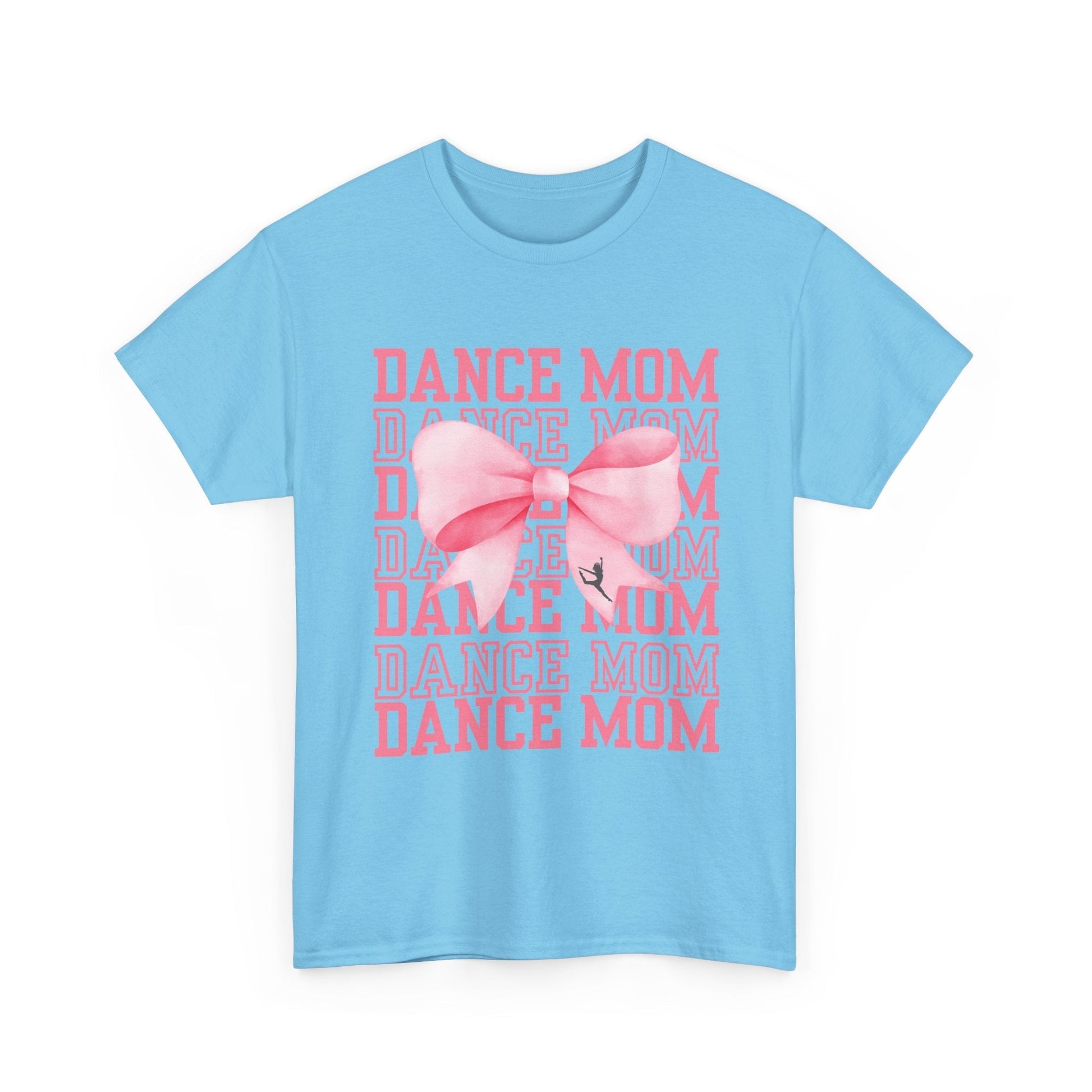 Light blue cotton t-shirt featuring a pink bow and stacked ’dance mom’ text design.