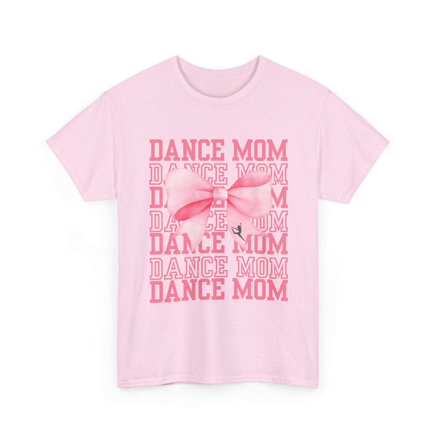 A soft pink cotton t-shirt featuring a bold graphic with the words ’dance mom’ repeated in stacked rows and accented by a large, stylized bow.
