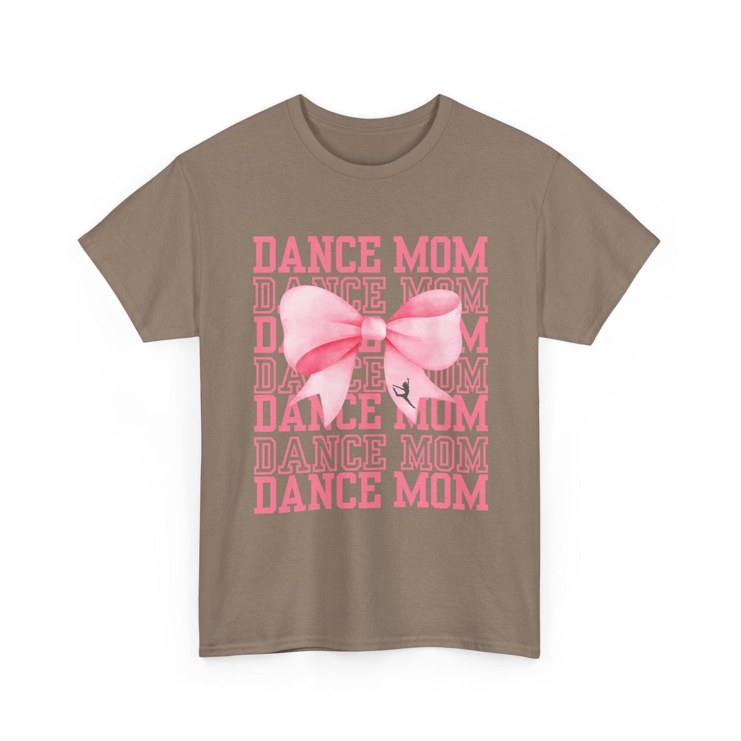 A taupe cotton t-shirt featuring a pink ’dance mom’ graphic with layered text and a large bow design.