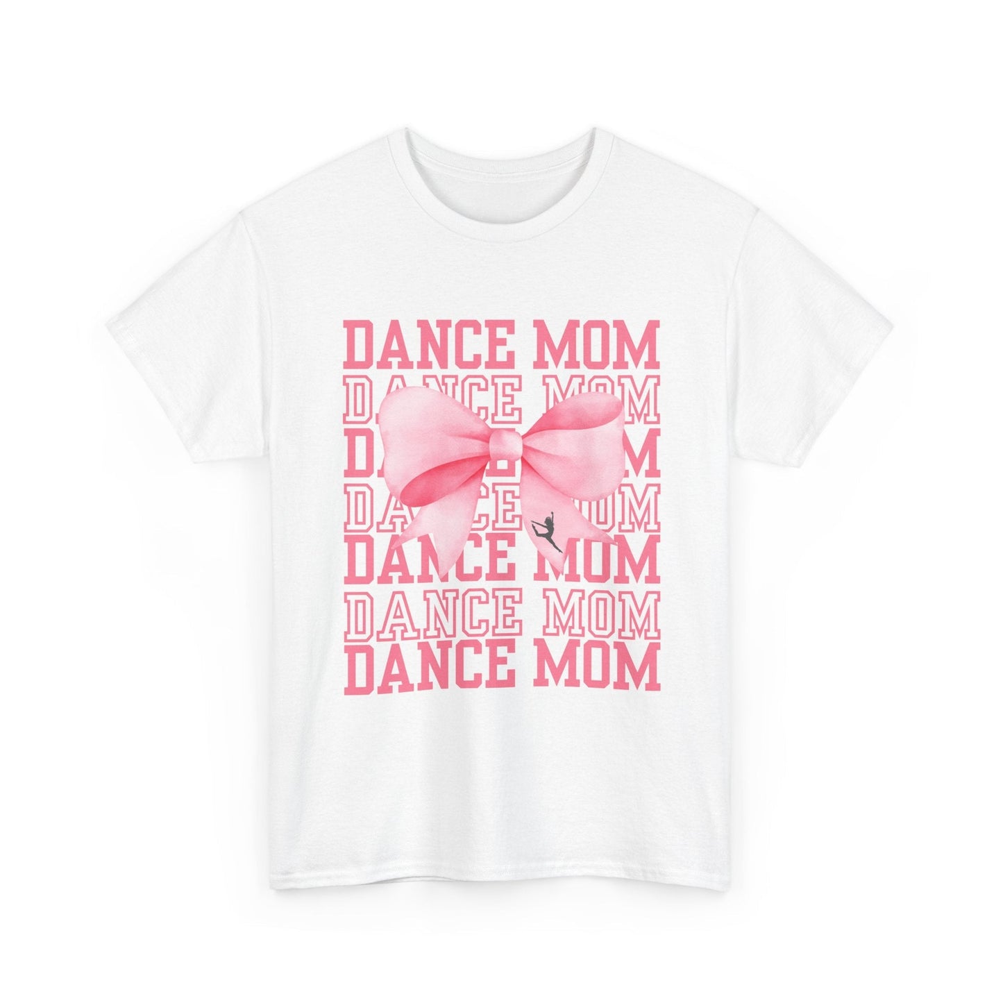 White cotton t-shirt featuring a pink ’dance mom’ graphic with layered text and a large bow design