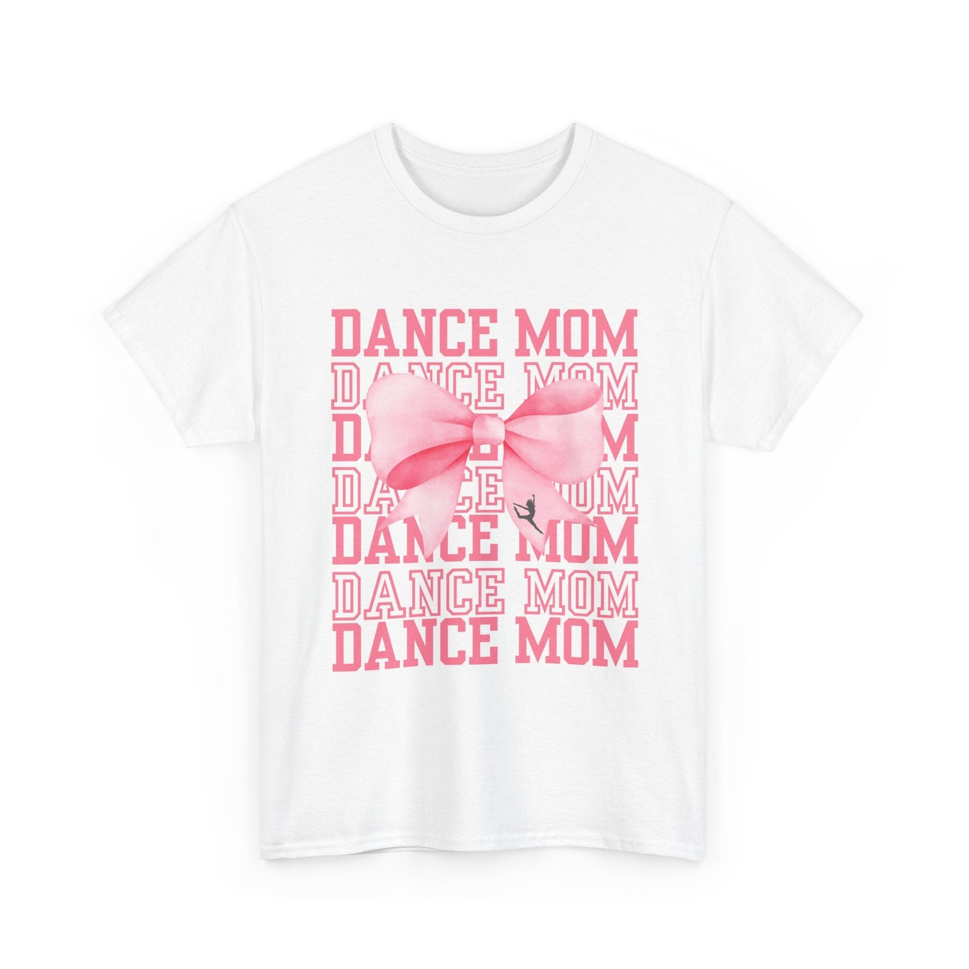 White cotton t-shirt featuring a pink ’dance mom’ graphic with layered text and a large bow design