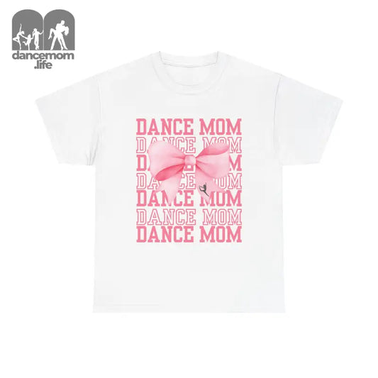 White t-shirt with pink ’DANCE MOM’ text and bow design.