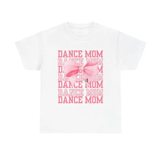 White t-shirt with pink ’DANCE MOM’ text and bow design.