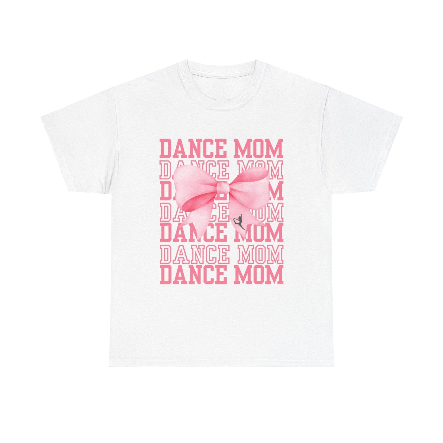White cotton t-shirt featuring a pink ’dance mom’ graphic with layered text and a large bow design.
