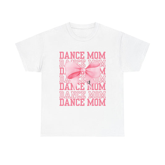 White cotton t-shirt featuring a pink ’dance mom’ graphic with layered text and a large bow design.
