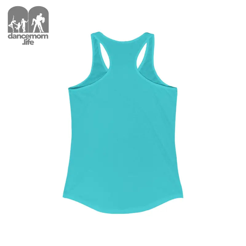 Turquoise racerback tank top with curved hemline.