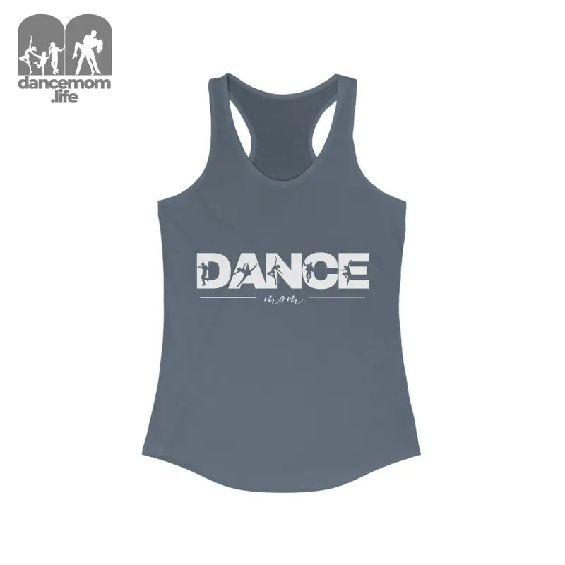 Gray racerback tank top with ’DANCE’ text printed across the front.