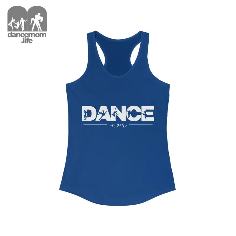 Blue racerback tank top with ’DANCE’ text printed across the front.