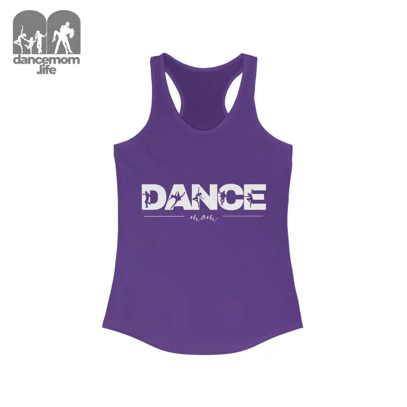 Purple racerback tank top with ’DANCE’ text printed across the front.