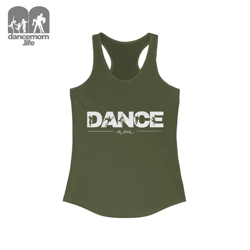 Olive green racerback tank top with ’DANCE’ text printed across the front.