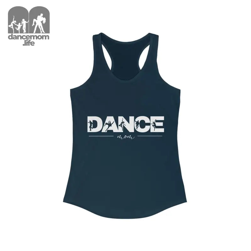 Navy blue racerback tank top with ’DANCE’ text printed across the front.