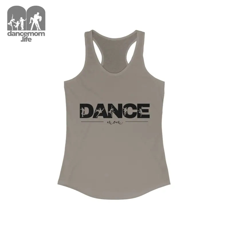 Gray racerback tank top with ’DANCE’ text printed in black.