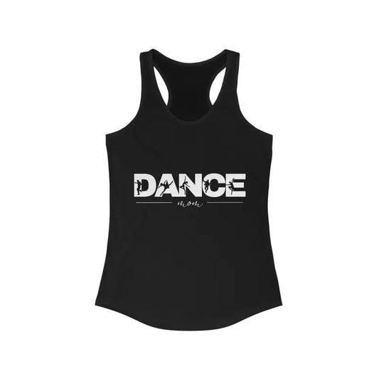 Black racerback tank top with ’DANCE’ text printed in white.