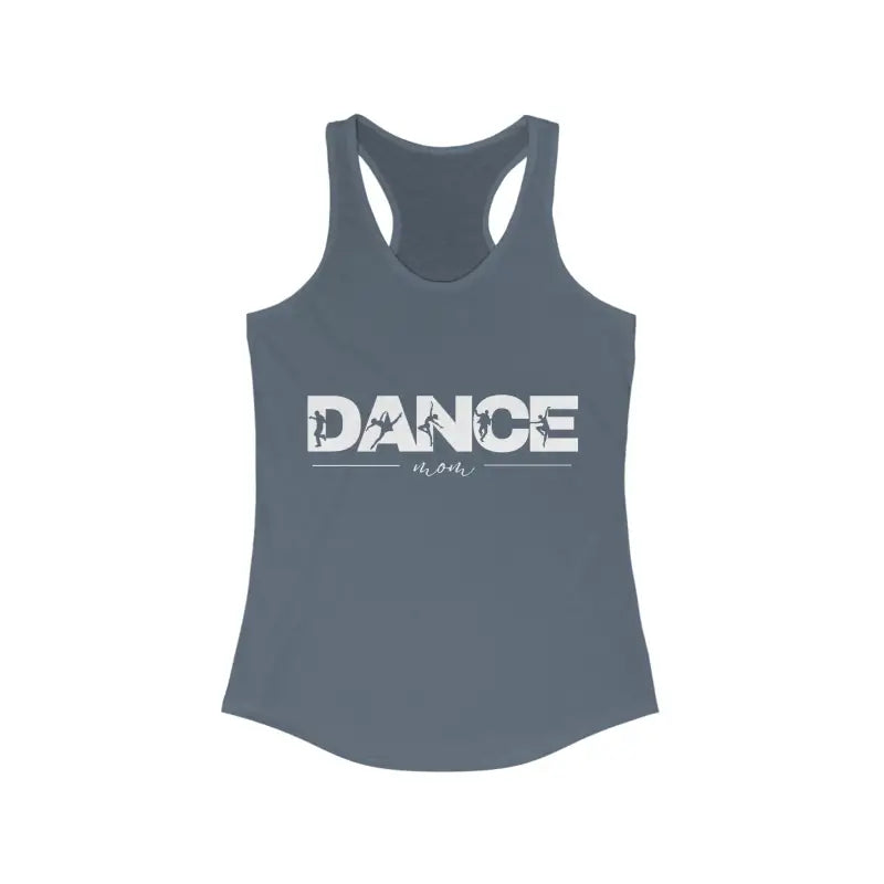 Gray racerback tank top with ’DANCE’ text printed across the front.