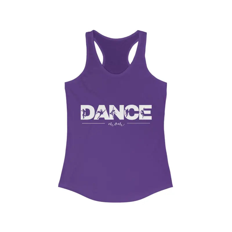 Purple racerback tank top with ’DANCE’ text printed across the front.