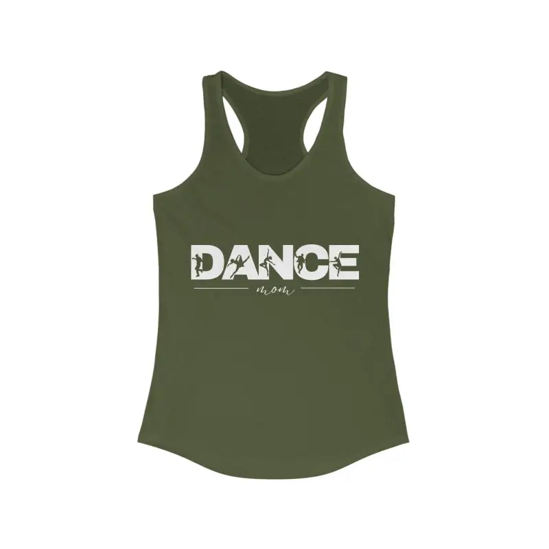 Olive green racerback tank top with ’DANCE’ text printed across the front.