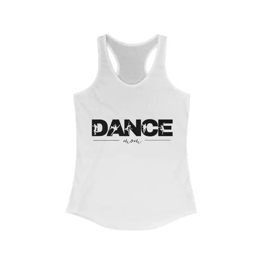 White racerback tank top with ’DANCE’ text printed in black.