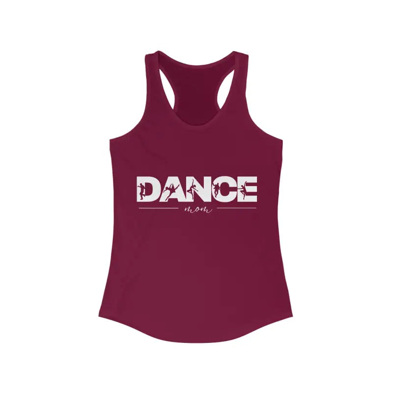 Burgundy racerback tank top with ’DANCE’ text printed across the front.