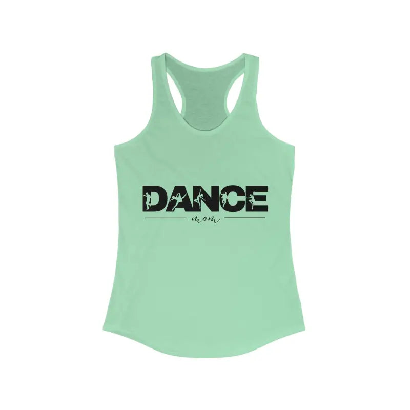 Mint green racerback tank top with ’DANCE’ text printed in black.