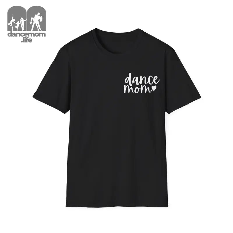 Black t-shirt with ’dance mom’ text printed in white on the chest.