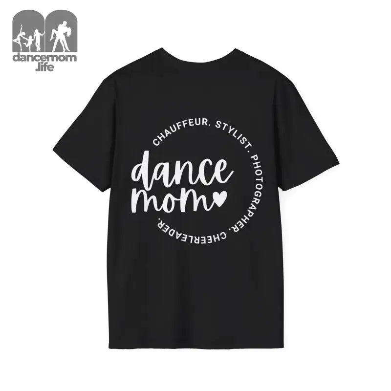 Black t-shirt with ’dance mom’ text in white circular design.