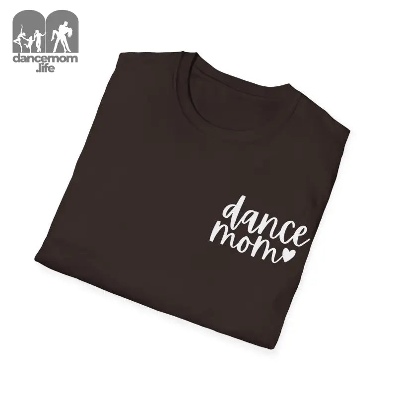 Black t-shirt with ’dance mom’ text and a heart design in white lettering.